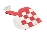 Card: Danish Flag Traditional Scandinavian Handwoven Paper Basket Heart, crafted from woven red and white strips with a red handle and accented by a small white heart, inspired by classic Scandinavian designs.