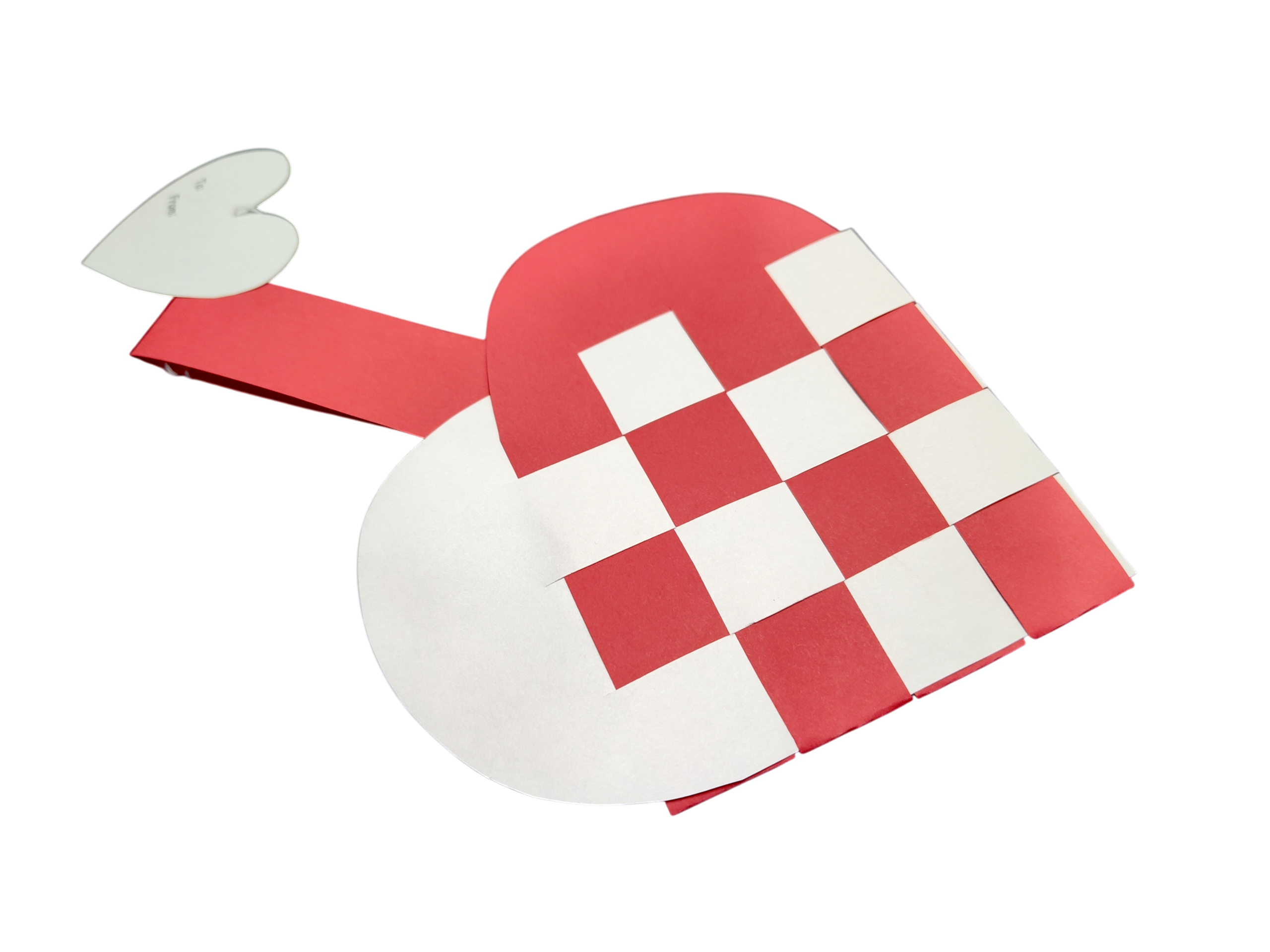 Card: Danish Flag Traditional Scandinavian Handwoven Paper Basket Heart, crafted from woven red and white strips with a red handle and accented by a small white heart, inspired by classic Scandinavian designs.