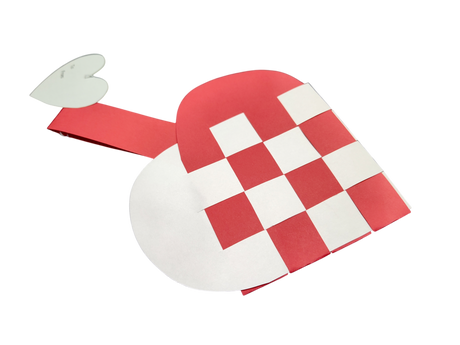 Card: Danish Flag Traditional Scandinavian Handwoven Paper Basket Heart, crafted from woven red and white strips with a red handle and accented by a small white heart, inspired by classic Scandinavian designs.