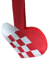 The Card: Danish Flag Traditional Scandinavian Handwoven Paper Basket Heart is a red and white woven paper basket with a handle, inspired by the Danish flag and used as a festive Scandinavian decoration.