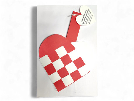 A "Card: Danish Flag Traditional Scandinavian Handwoven Paper Basket Heart" includes a red and white checkered paper heart basket on a white card, adorned with a small heart-shaped tag tied to the handle.