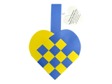 The Card: Swedish Flag Traditional Scandinavian Handwoven Paper Basket Heart features a blue and yellow handwoven heart basket with a handle and a heart-shaped tag displaying printed text.