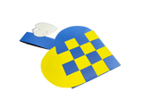 The Card: Swedish Flag Traditional Scandinavian Handwoven Paper Basket Heart features blue and yellow weaving, a handle, and a white heart-shaped tag, shown on a plain white background.