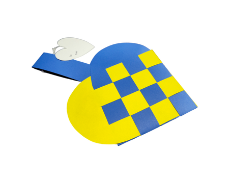 The Card: Swedish Flag Traditional Scandinavian Handwoven Paper Basket Heart features blue and yellow weaving, a handle, and a white heart-shaped tag, shown on a plain white background.