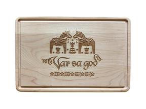 The Cutting Board: Var Sa God Maple Cutting Board (9"x6") features an engraved Scandinavian design and the phrase "Var så god" in script, making it a charming addition to any Scandinavian kitchen decor.