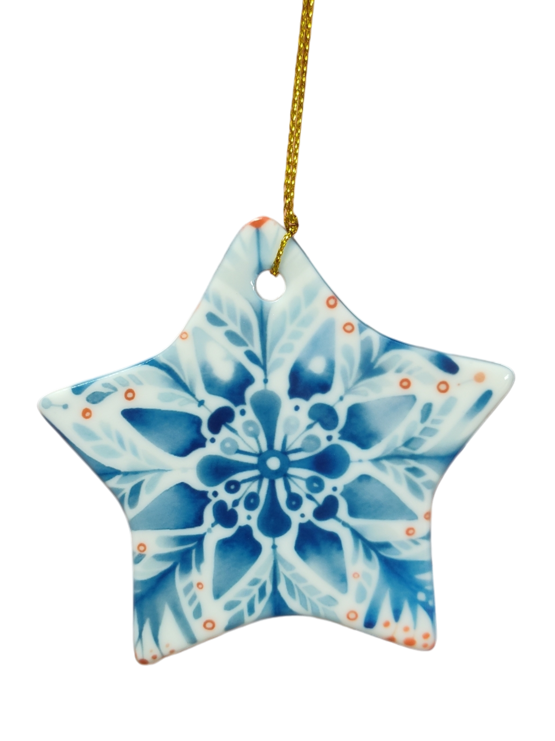 The Ornament: Red, White, and Blue Rosemaling Star Ceramic Ornament features intricate Nordic rose painting and hangs on a gold string, making it a charming Christmas decoration against any white background.