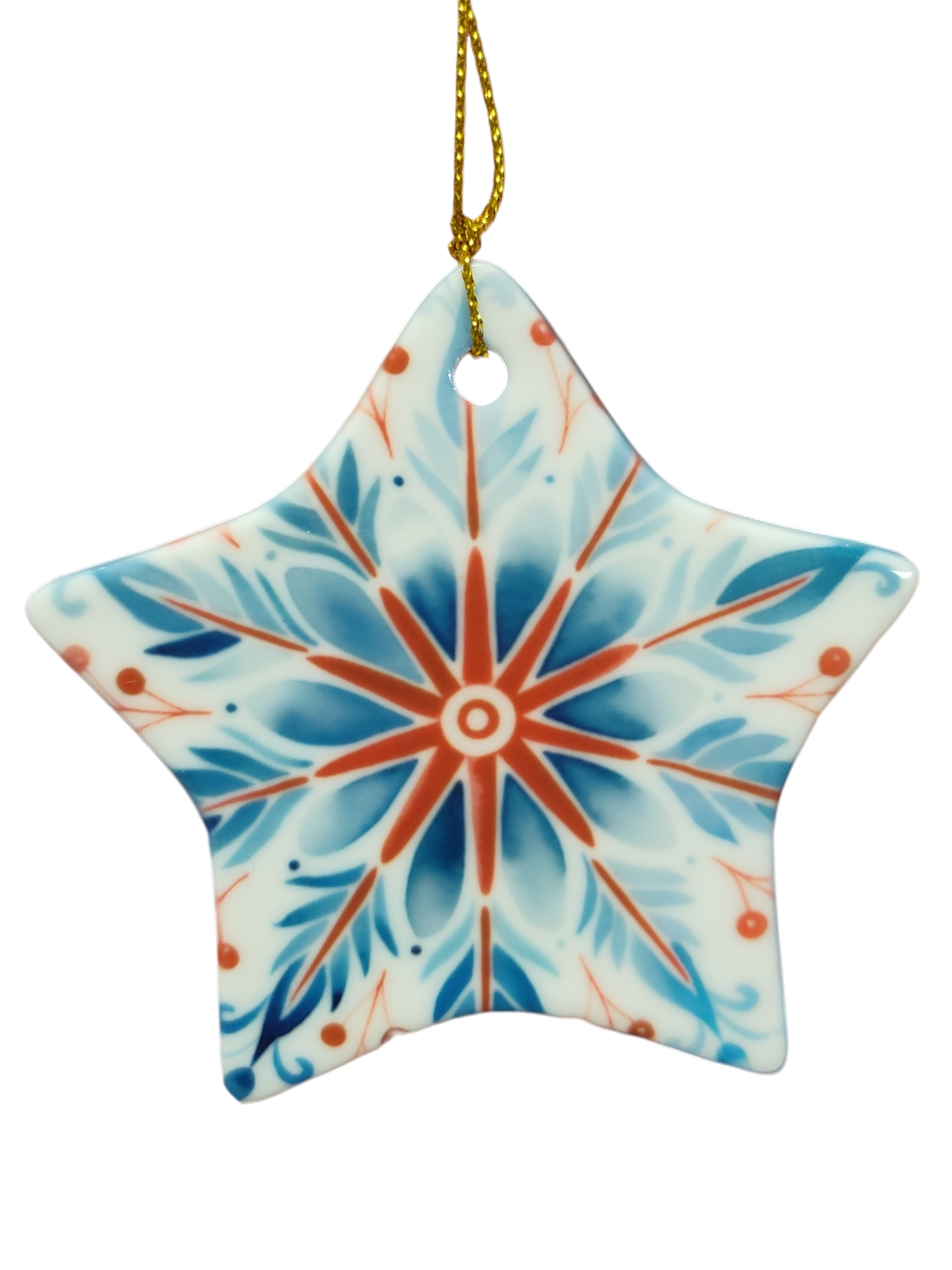 The Ornament: Red, White, and Blue Rosemaling Star Ceramic Ornament features a star shape with a Scandinavian-style floral design—ideal for adding festive charm to your Christmas tree décor.