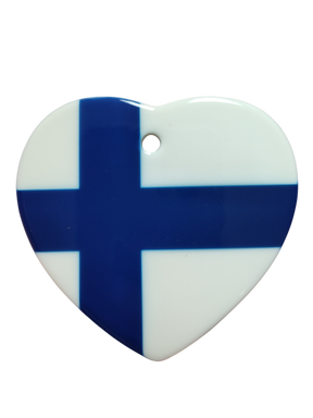 The Ornament: Finnish Flag Ceramic Heart Shaped Ornament features the blue Nordic cross of Finland on a heart-shaped ceramic design, celebrating Finnish heritage, and includes a small hole at the top for easy hanging.