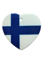 The Ornament: Finnish Flag Ceramic Heart Shaped Ornament features the blue Nordic cross of Finland on a heart-shaped ceramic design, celebrating Finnish heritage, and includes a small hole at the top for easy hanging.