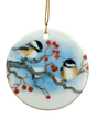 The Ornament: Winter Chickadees Ceramic Ornament features two chickadees on snowy branches with red berries, accented by a gold hanging string—a delightful bird-themed Christmas decoration for your tree.