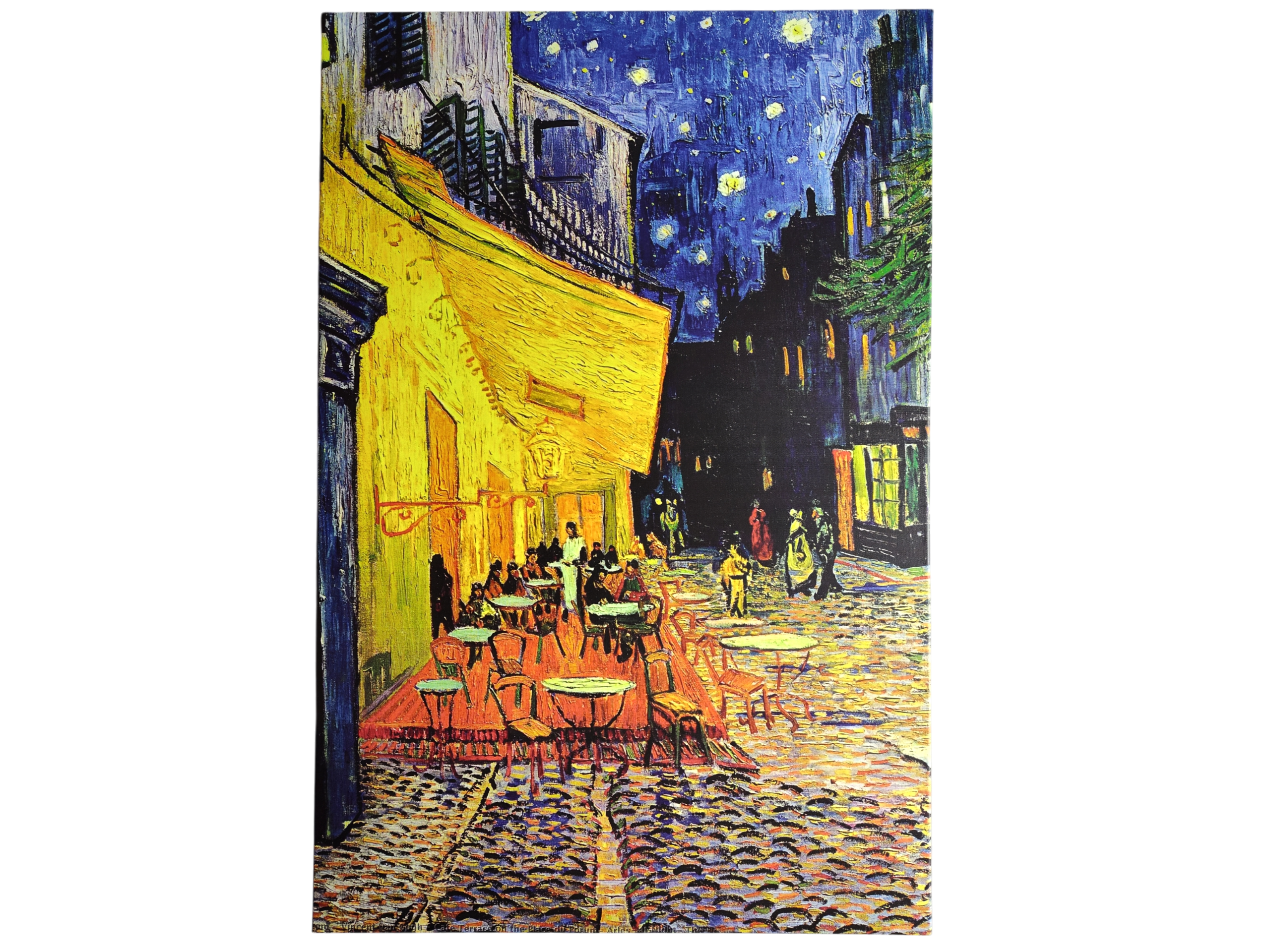 Artwork: Café Terrace at Night Vincent Van Gogh 1853 - 1890 Print on Canvas showcases a lively outdoor café lit with warm yellow lights under a starry sky, making it a stunning statement piece for any space.