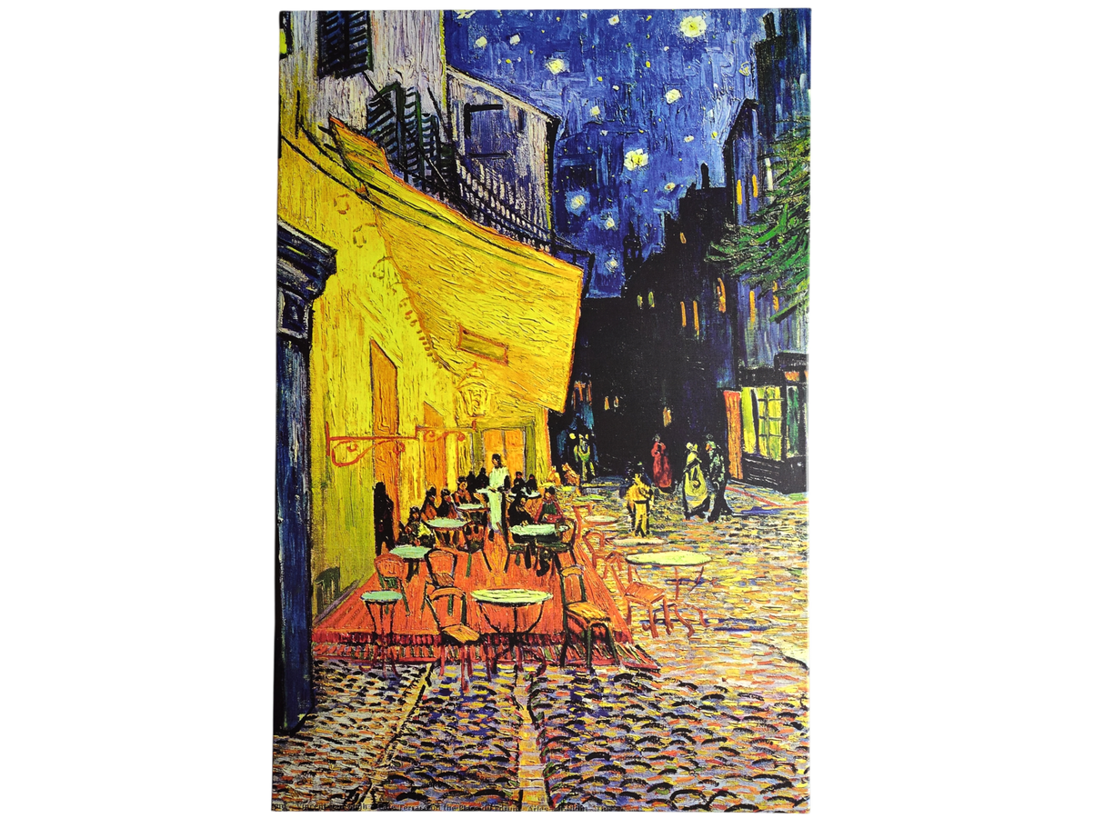 Artwork: Café Terrace at Night Vincent Van Gogh 1853 - 1890 Print on Canvas showcases a lively outdoor café lit with warm yellow lights under a starry sky, making it a stunning statement piece for any space.