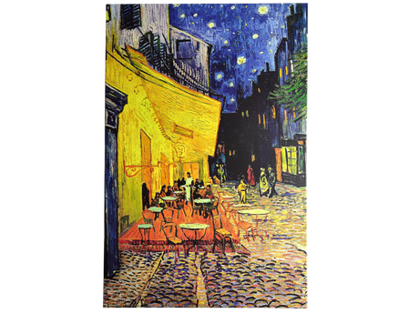 Artwork: Café Terrace at Night Vincent Van Gogh 1853 - 1890 Print on Canvas showcases a lively outdoor café lit with warm yellow lights under a starry sky, making it a stunning statement piece for any space.