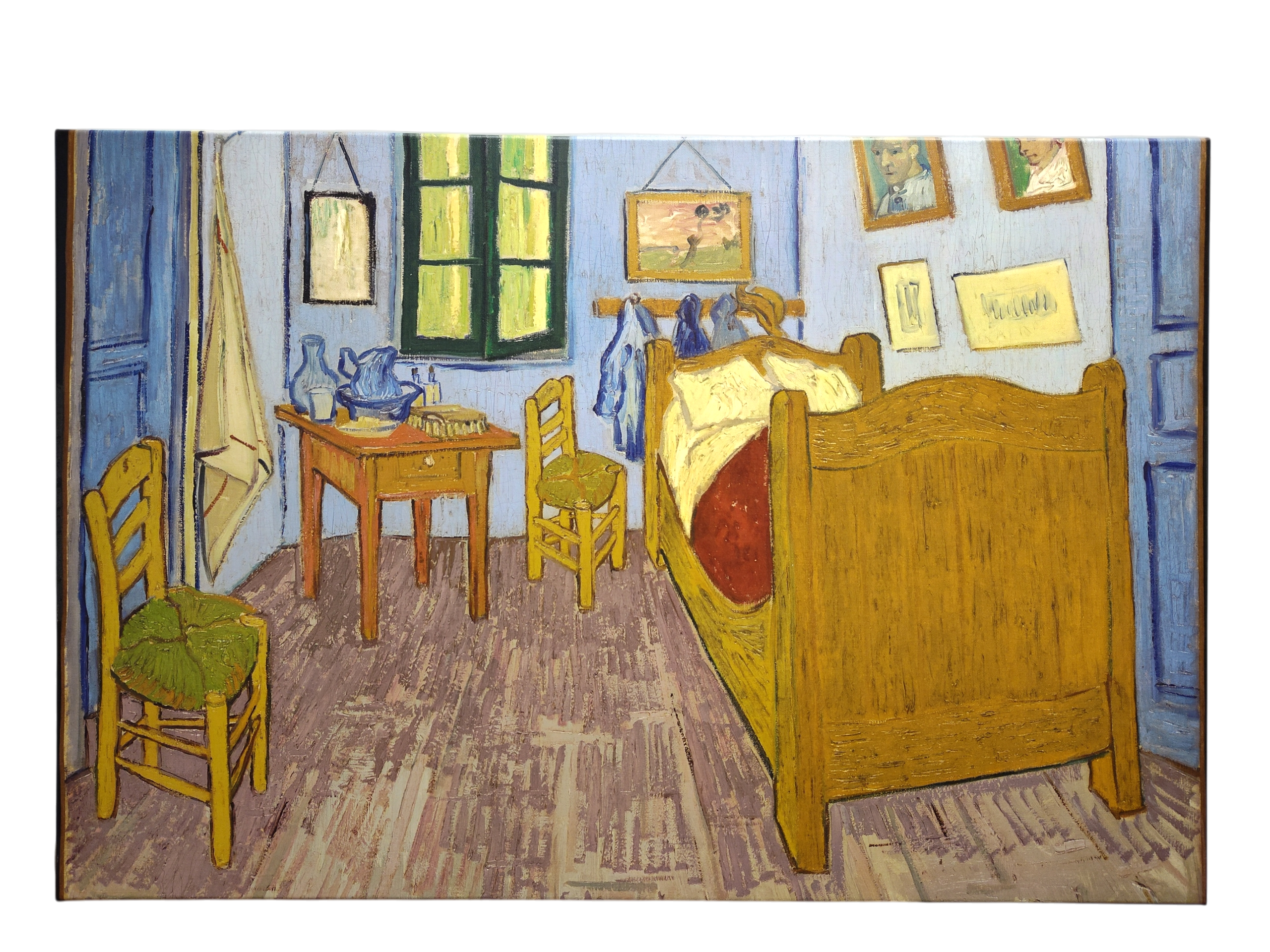 Artwork: Bedroom in Arles Vincent Van Gogh 1853 - 1890 Print on Canvas captures a simple bedroom with wooden furniture, blue walls, and a green window in Van Gogh’s signature style—ideal décor for any art lover.