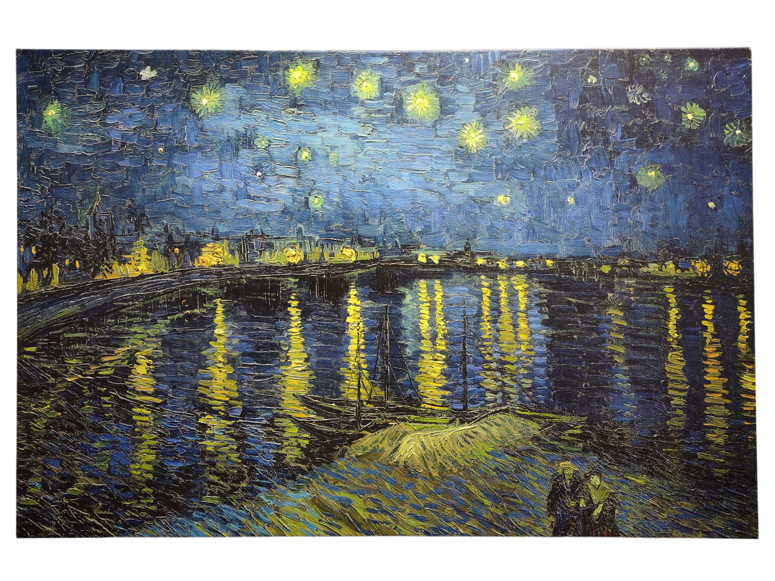 Inspired by Starry Night Over the Rhône, this textured impressionist print on canvas by Vincent Van Gogh (1853–1890) features a shimmering nighttime riverside scene with bright stars and two figures—ideal as striking wall art.