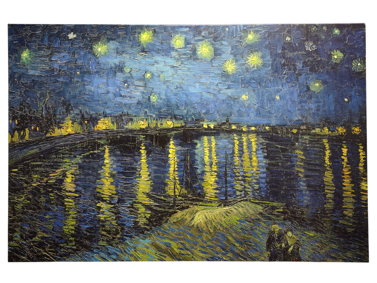 The Artwork: Starry Night Over the Rhône Vincent Van Gogh 1853 - 1890 Print on Canvas depicts a star-filled night sky over a river, with building lights reflecting on the water and two figures in the foreground.