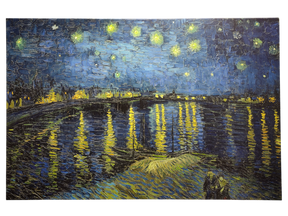 The Artwork: Starry Night Over the Rhône Vincent Van Gogh 1853 - 1890 Print on Canvas depicts a star-filled night sky over a river, with building lights reflecting on the water and two figures in the foreground.