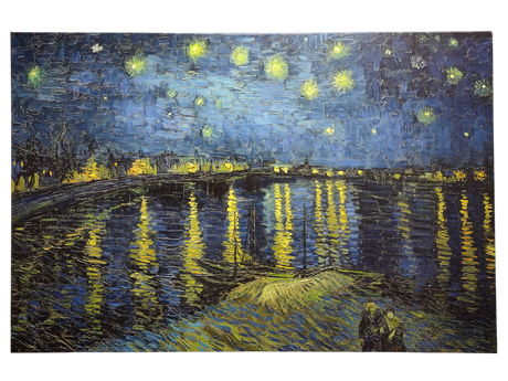 The Artwork: Starry Night Over the Rhône Vincent Van Gogh 1853 - 1890 Print on Canvas depicts a star-filled night sky over a river, with building lights reflecting on the water and two figures in the foreground.