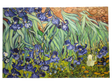 A vibrant print on canvas featuring purple irises with green leaves on a yellow-green backdrop, inspired by Vincent Van Gogh’s "Irises" (1853-1890), showcasing bold brushstrokes and textured warmth.
