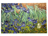 A vibrant print on canvas featuring purple irises with green leaves on a yellow-green backdrop, inspired by Vincent Van Gogh’s "Irises" (1853-1890), showcasing bold brushstrokes and textured warmth.