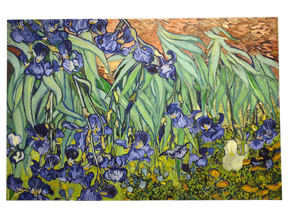 A vibrant print on canvas featuring purple irises with green leaves on a yellow-green backdrop, inspired by Vincent Van Gogh’s "Irises" (1853-1890), showcasing bold brushstrokes and textured warmth.