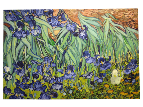 A vibrant print on canvas featuring purple irises with green leaves on a yellow-green backdrop, inspired by Vincent Van Gogh’s "Irises" (1853-1890), showcasing bold brushstrokes and textured warmth.