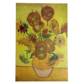 A canvas print titled "Artwork: Sunflowers Vincent Van Gogh 1853 - 1890" features a vase of sunflowers in different stages of bloom, reminiscent of Van Gogh’s iconic style.
