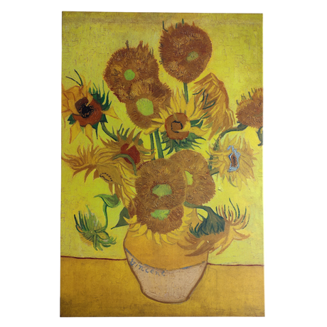 A canvas print titled "Artwork: Sunflowers Vincent Van Gogh 1853 - 1890" features a vase of sunflowers in different stages of bloom, reminiscent of Van Gogh’s iconic style.