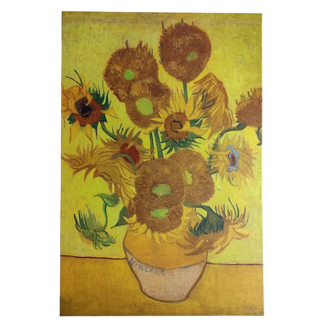A canvas print titled "Artwork: Sunflowers Vincent Van Gogh 1853 - 1890" features a vase of sunflowers in different stages of bloom, reminiscent of Van Gogh’s iconic style.