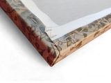 Close-up of the back corner of "Artwork: The Crayfish Season Opens Carl Larsson 1897 Print on Canvas" showing the fabric neatly stapled to the wooden frame with visible folds.