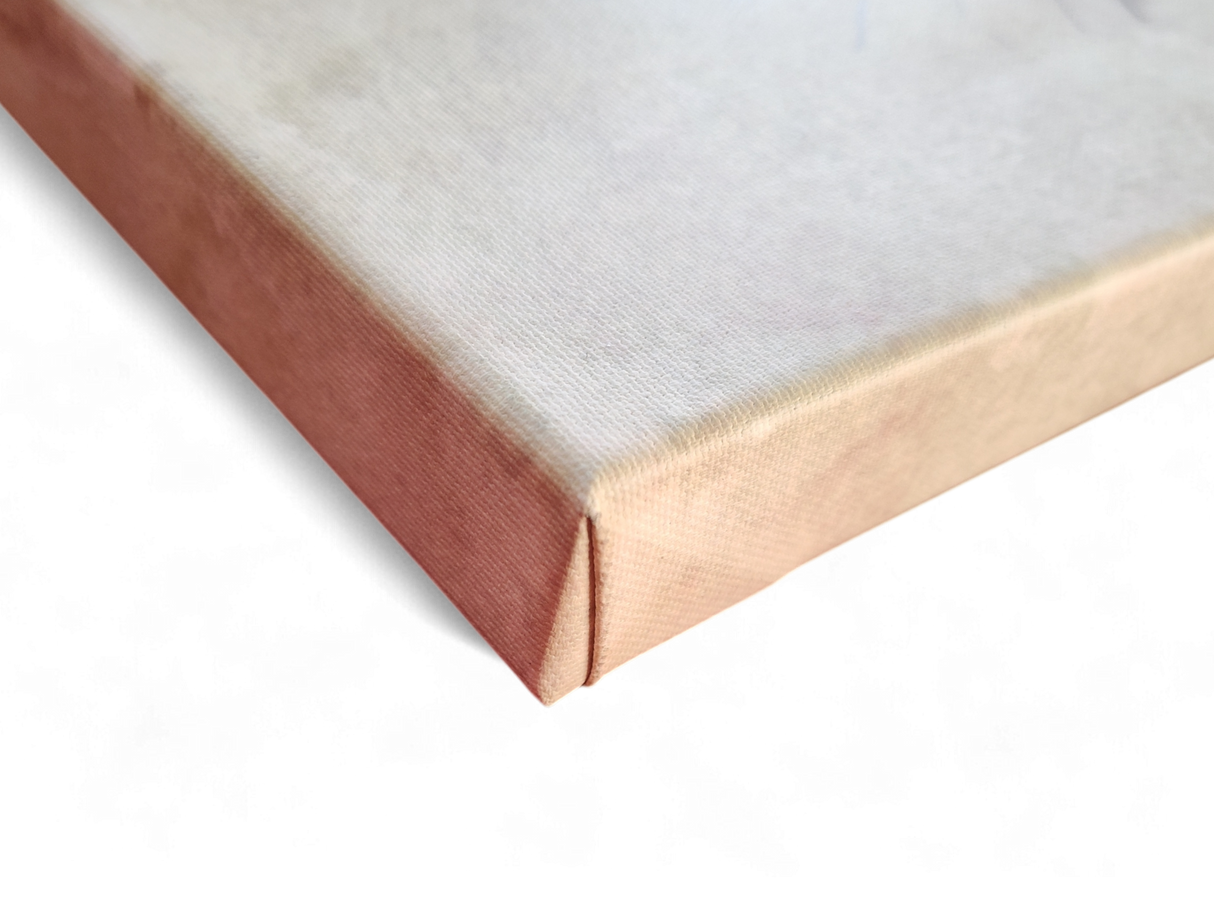 Close-up of a neatly folded corner and clean edges of "Artwork: Breakfast Under the Big Birch Carl Larsson 1853–1919 Print on Canvas" against a white background.