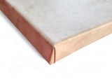 Close-up of a neatly folded corner and clean edges of "Artwork: Breakfast Under the Big Birch Carl Larsson 1853–1919 Print on Canvas" against a white background.