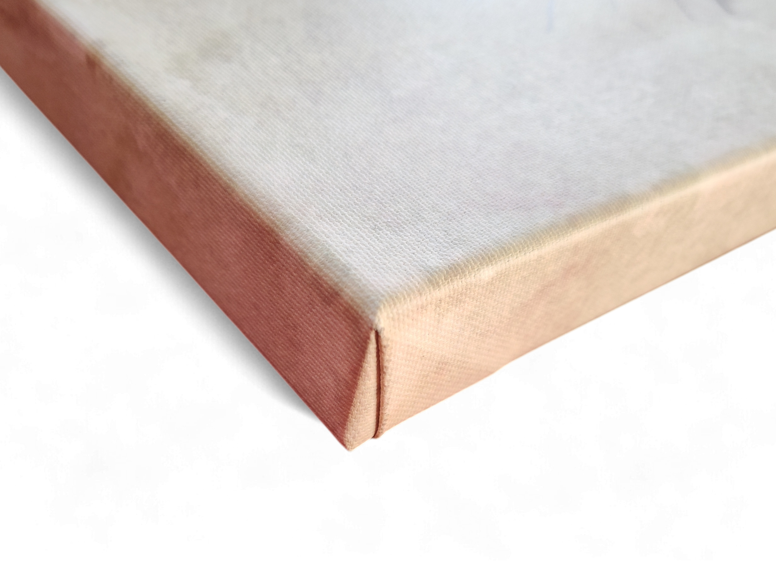 Close-up of a neatly folded corner and clean edges of "Artwork: Breakfast Under the Big Birch Carl Larsson 1853–1919 Print on Canvas" against a white background.