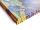 Close-up of the Artwork: Irises Vincent Van Gogh 1853 - 1890 Print on Canvas, displaying vibrant impressionist colors, textured brushstrokes, and a striking corner detail inspired by Van Gogh’s iconic style.