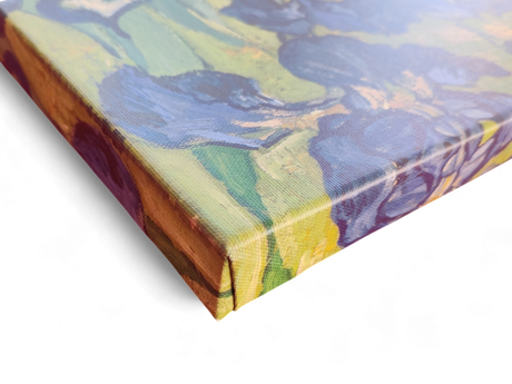 Close-up of the Artwork: Irises Vincent Van Gogh 1853 - 1890 Print on Canvas, displaying vibrant impressionist colors, textured brushstrokes, and a striking corner detail inspired by Van Gogh’s iconic style.