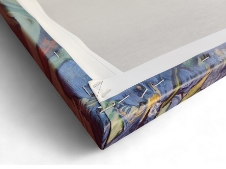 Close-up view of the back corner of the "Irises" by Vincent Van Gogh (1853-1890) print on canvas, showing folded fabric and staples securing it to the wooden frame.