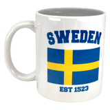 Celebrate Swedish heritage with the Swedish Gift Store's "Established Series Sweden Flag Mug" (11 oz), featuring SWEDEN in blue, a Sweden flag, and EST 1523 below.