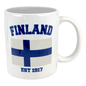 The Swedish Gift Store’s 11 oz Mug: Established Series Finland Flag Mug features a blue flag, "FINLAND" above, and "EST 1917" below—an ideal Finnish heritage gift for any Finland fan.