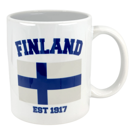 The Swedish Gift Store’s 11 oz Mug: Established Series Finland Flag Mug features a blue flag, "FINLAND" above, and "EST 1917" below—an ideal Finnish heritage gift for any Finland fan.
