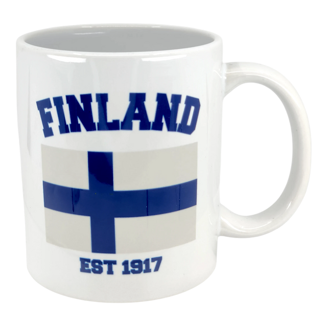 The Swedish Gift Store’s 11 oz Mug: Established Series Finland Flag Mug features a blue flag, "FINLAND" above, and "EST 1917" below—an ideal Finnish heritage gift for any Finland fan.