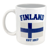 Enjoy your favorite drink in the Mug: Established Series Finland Flag Mug with Year Founded (11 oz) by Swedish Gift Store, featuring the Finland flag, "FINLAND" in bold blue above, and "EST 1917" below—perfect for honoring Finnish heritage.