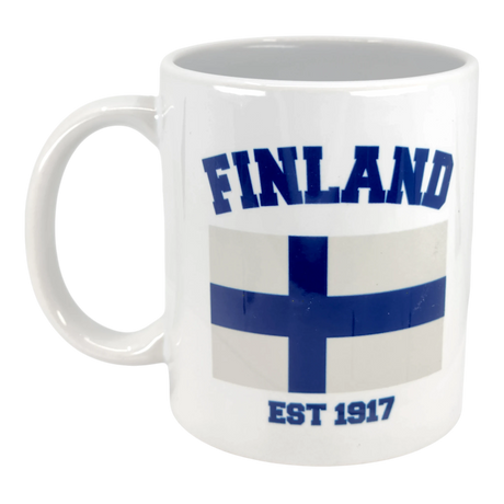 Enjoy your favorite drink in the Mug: Established Series Finland Flag Mug with Year Founded (11 oz) by Swedish Gift Store, featuring the Finland flag, "FINLAND" in bold blue above, and "EST 1917" below—perfect for honoring Finnish heritage.