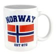 The Swedish Gift Store's 11 oz Established Series Norway Flag Mug features "NORWAY" in bold blue letters above a red, white, and blue flag with "EST 872" printed below.