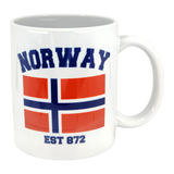 The Swedish Gift Store's 11 oz Established Series Norway Flag Mug features "NORWAY" in bold blue letters above a red, white, and blue flag with "EST 872" printed below.