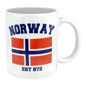 The Swedish Gift Store's 11 oz Established Series Norway Flag Mug features "NORWAY" in bold blue letters above a red, white, and blue flag with "EST 872" printed below.