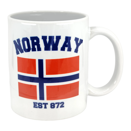 The Swedish Gift Store's 11 oz Established Series Norway Flag Mug features "NORWAY" in bold blue letters above a red, white, and blue flag with "EST 872" printed below.