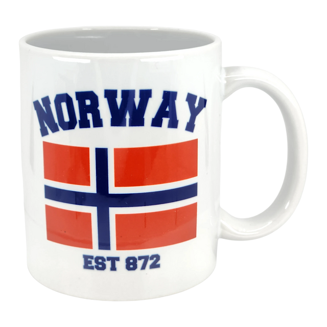 The Swedish Gift Store's 11 oz Established Series Norway Flag Mug features "NORWAY" in bold blue letters above a red, white, and blue flag with "EST 872" printed below.