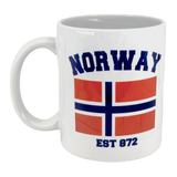 The Swedish Gift Store’s 11 oz Established Series Norway Flag Mug features "NORWAY" above the flag and "EST 872" below.