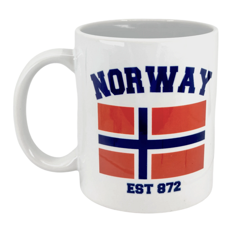 The Swedish Gift Store’s 11 oz Established Series Norway Flag Mug features "NORWAY" above the flag and "EST 872" below.