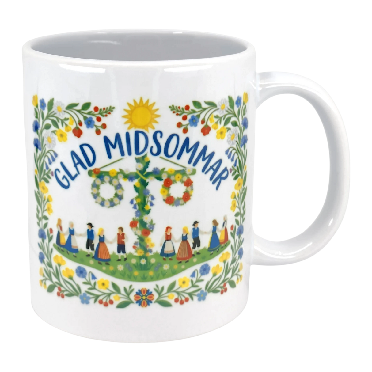 The 11 oz "Glad Midsommar" mug from Swedish Gift Store features colorful florals, dancers in traditional dress around a maypole, and a cheerful sun with “Glad Midsommar” text—perfect for celebrating Swedish summer.